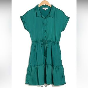 Lucky Brand Green Satin dress lined w pockets elastic waist buttons at bust NWT
